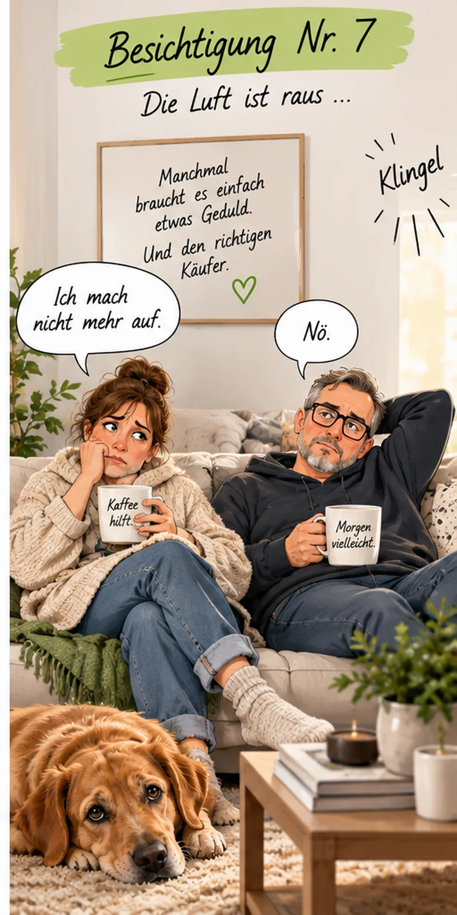 Skizze Besichtigung Nr. 7: „Ich mach nicht mehr auf. Mach du.“ „Nö.“ Die Luft ist raus.