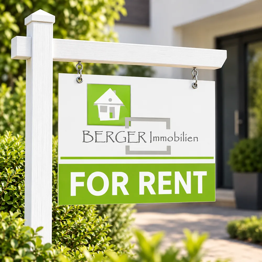 Schild „For Rent“ mit dem Logo von BERGER Immobilien