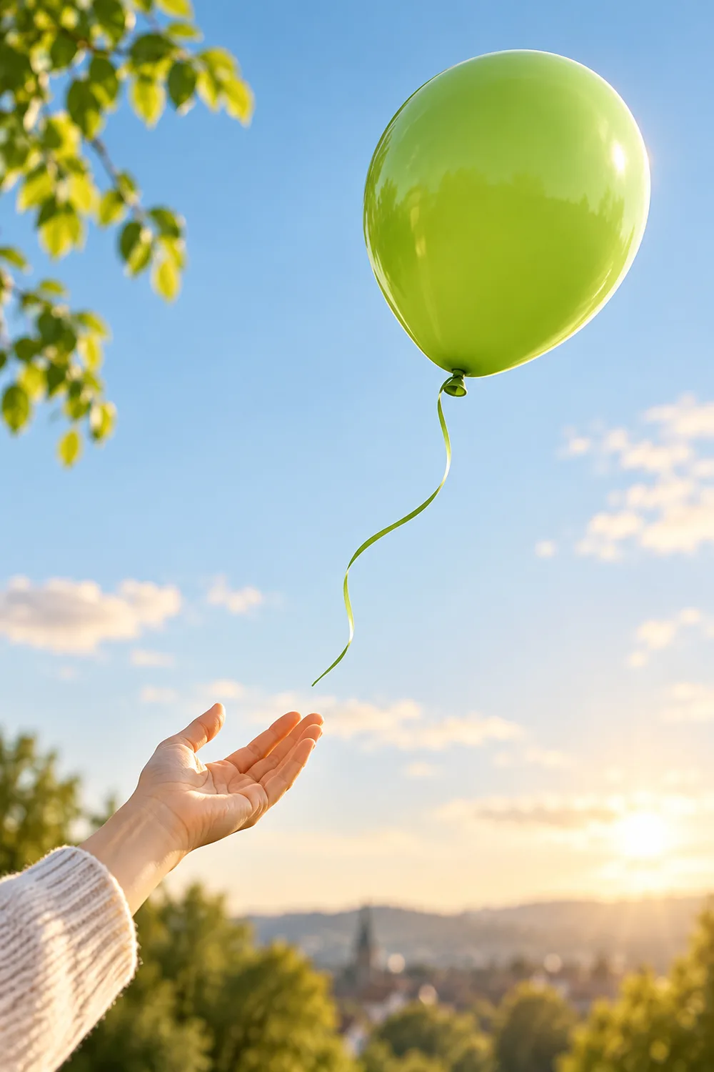 Eine geöffnete Hand lässt einen grünen Luftballon in den Himmel steigen
