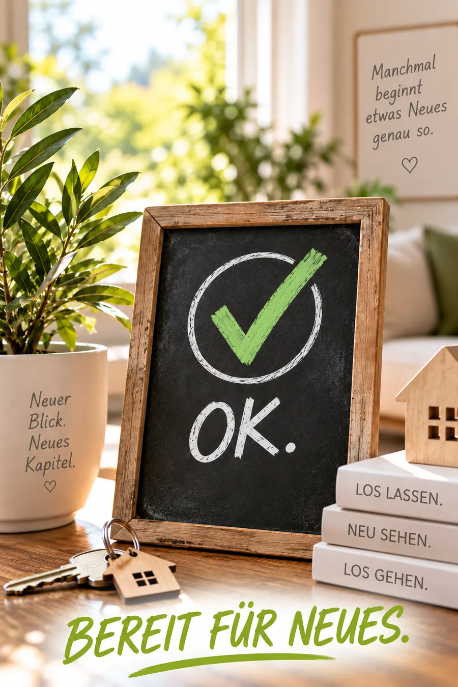 Bereit für Neues: Tafel mit grünem Haken und OK, Schlüssel und kleines Holzhaus