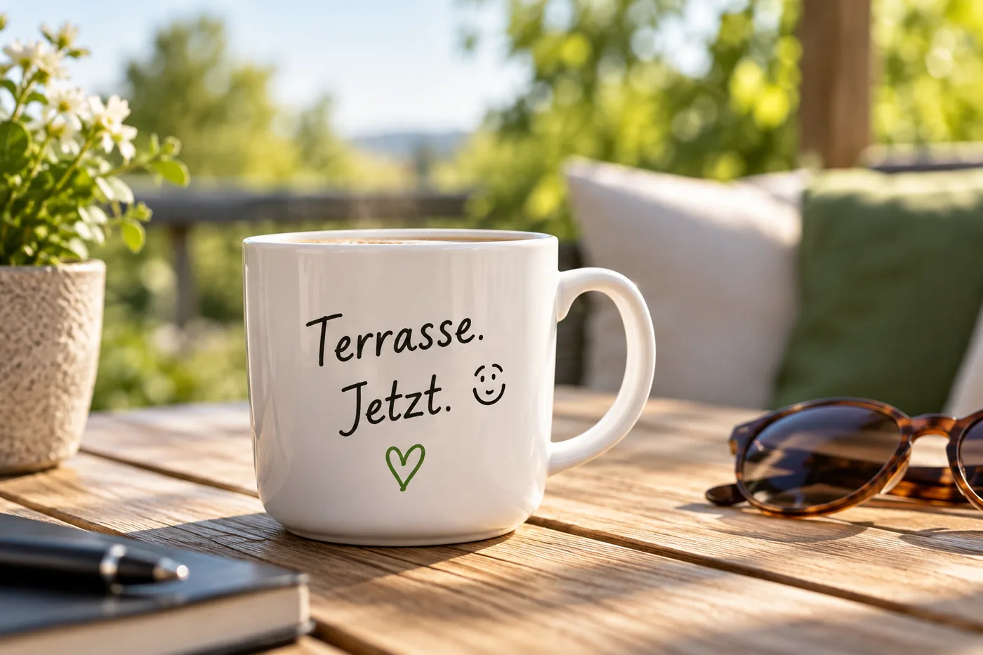 Kaffeetasse mit der Aufschrift „Terrasse. Jetzt.“ auf einem Terrassentisch