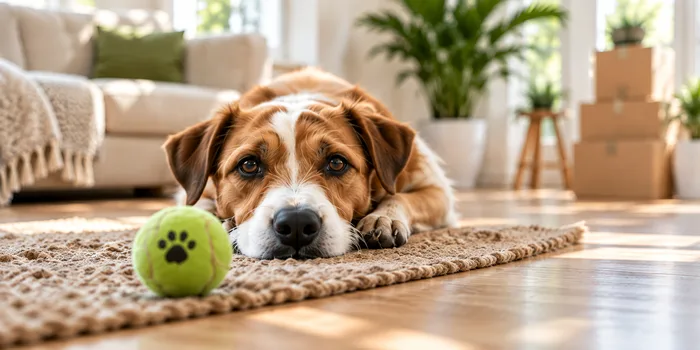 Ein Hund liegt mit einem grünen Ball auf dem Teppich einer Wohnung