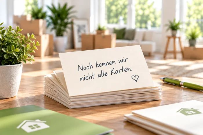 Ein Stapel Karten auf einem Tisch, darauf steht: Noch kennen wir nicht alle Karten.